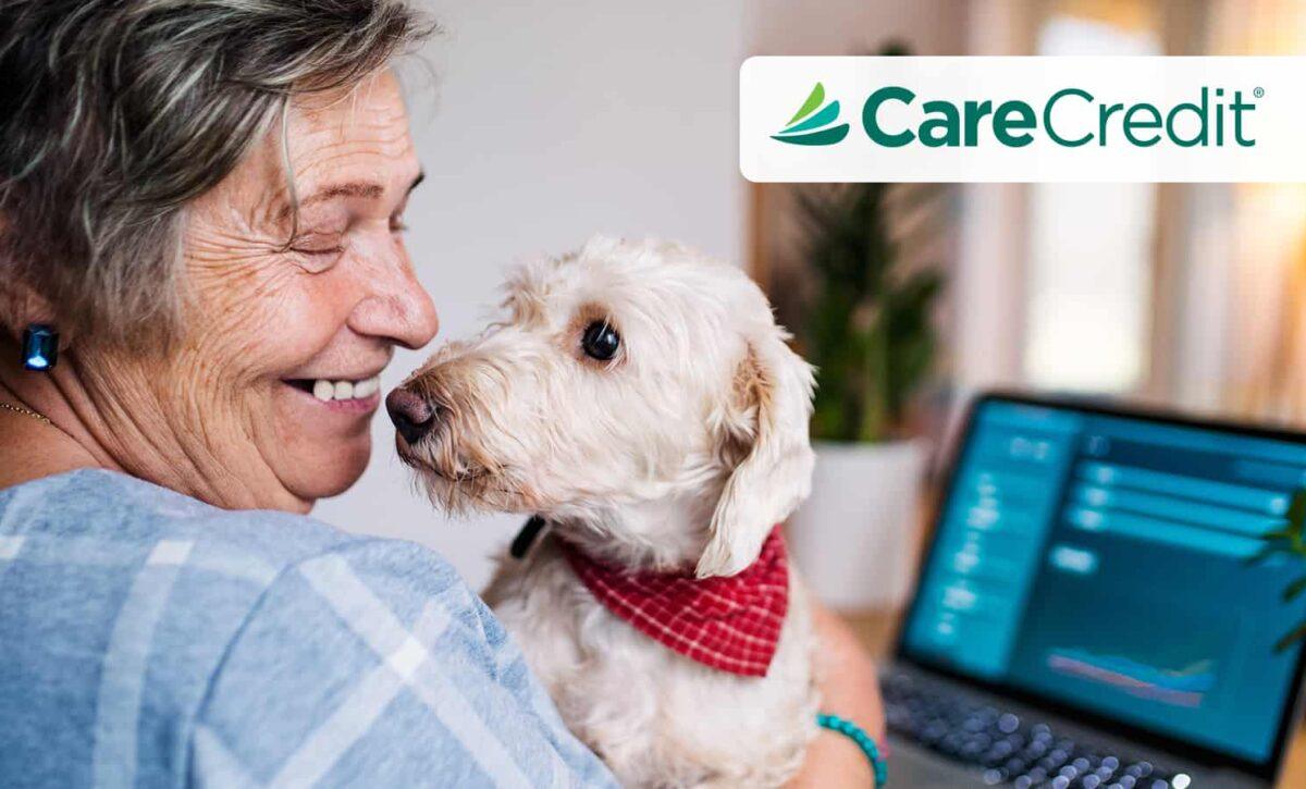 Elderly woman holds her dog while applying for CareCredit.